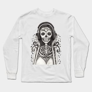 Sugar skull woman happy with headphones listen music day of the dead. Long Sleeve T-Shirt